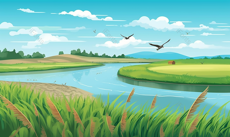 鸟群溪流春季夏季节气乡村风景绿色清爽清凉插画,插画/手绘图,插画/手绘图库,插画/手绘图下载,插画/手绘